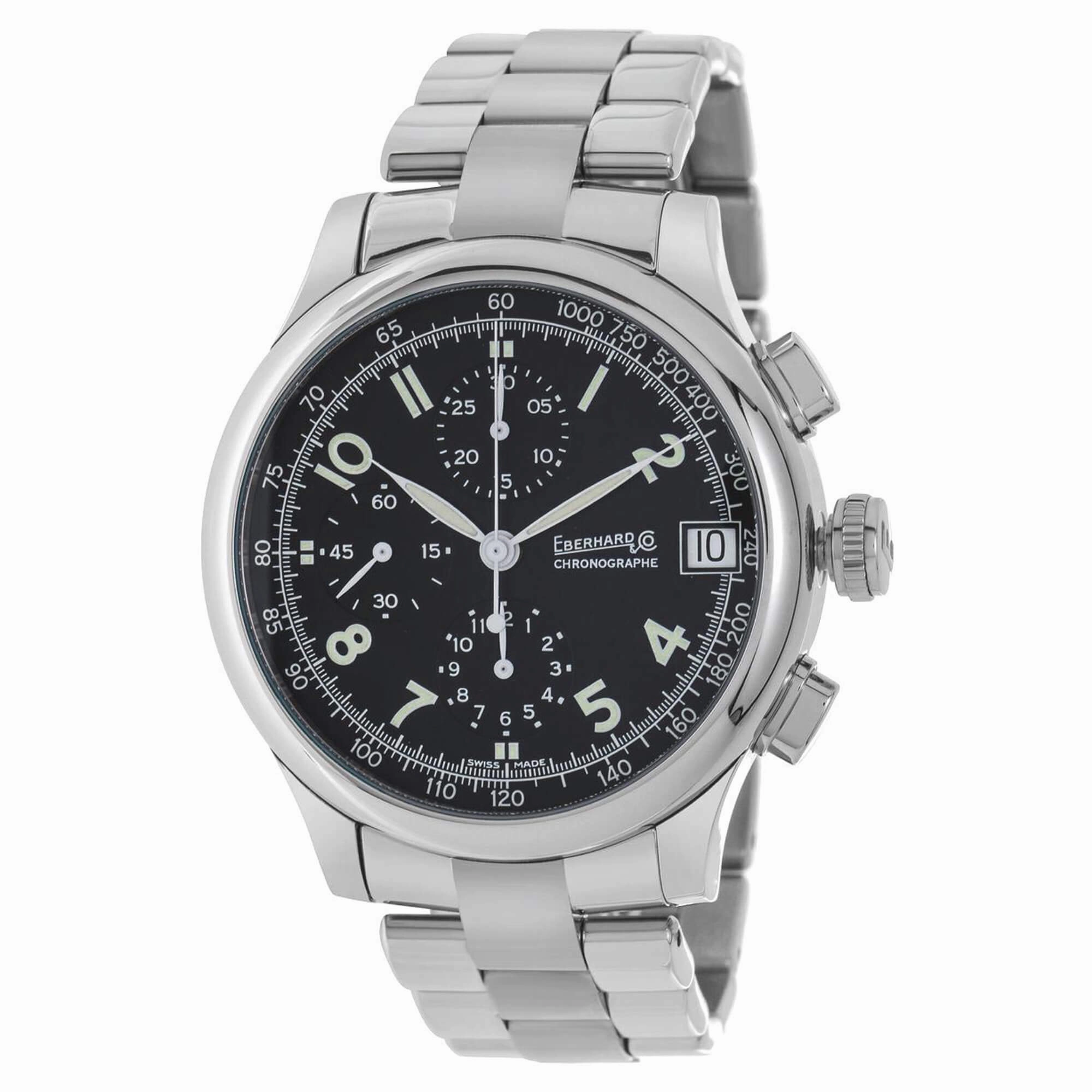 Eberhard & Co. Men's Watch Traversetolo Automatic Chronograph - Black Dial SS Bracelet | 31051.3,automatic watch,automatic watches for men,automatic watches for women,luxury automatic watch,minimalist automatic watch,dress automatic watch,vintage auto