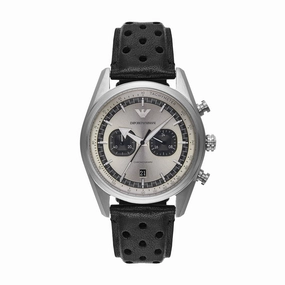 Emporio Armani Chronograph Silver Dial Black Leather Strap Watch AR11677 