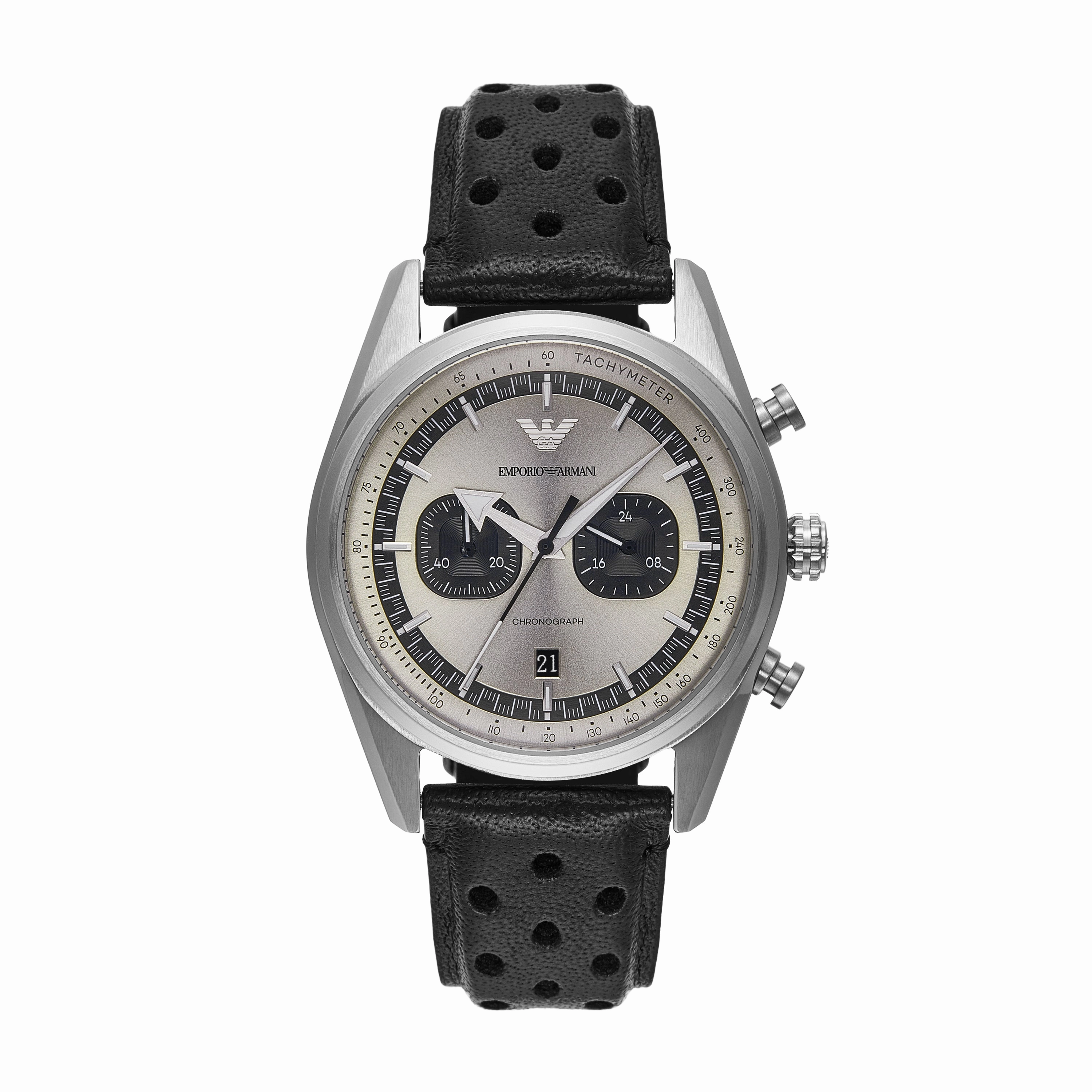 Emporio Armani Chronograph Silver Dial Black Leather Strap Watch AR11677 