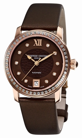 Frederique Constant Classics Automatic Diamond Rose Gold Plated Steel Brown Mother-Of-Pearl Dial Brown Satin Strap Date Womens Watch FC-303CHD2PD4 Women??s luxury watches Affordable women watches