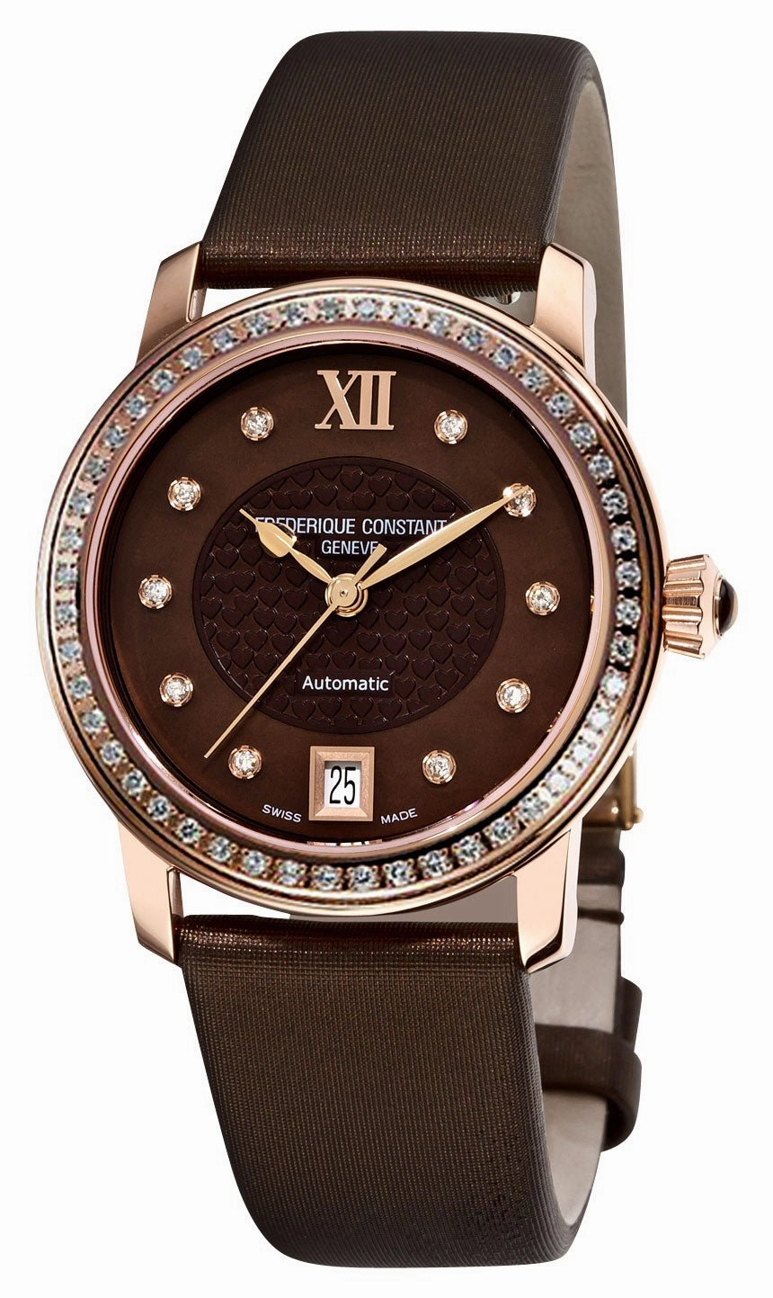 Frederique Constant Classics Automatic Diamond Rose Gold Plated Steel Brown Mother-Of-Pearl Dial Brown Satin Strap Date Womens Watch FC-303CHD2PD4 Women??s luxury watches Affordable women watches