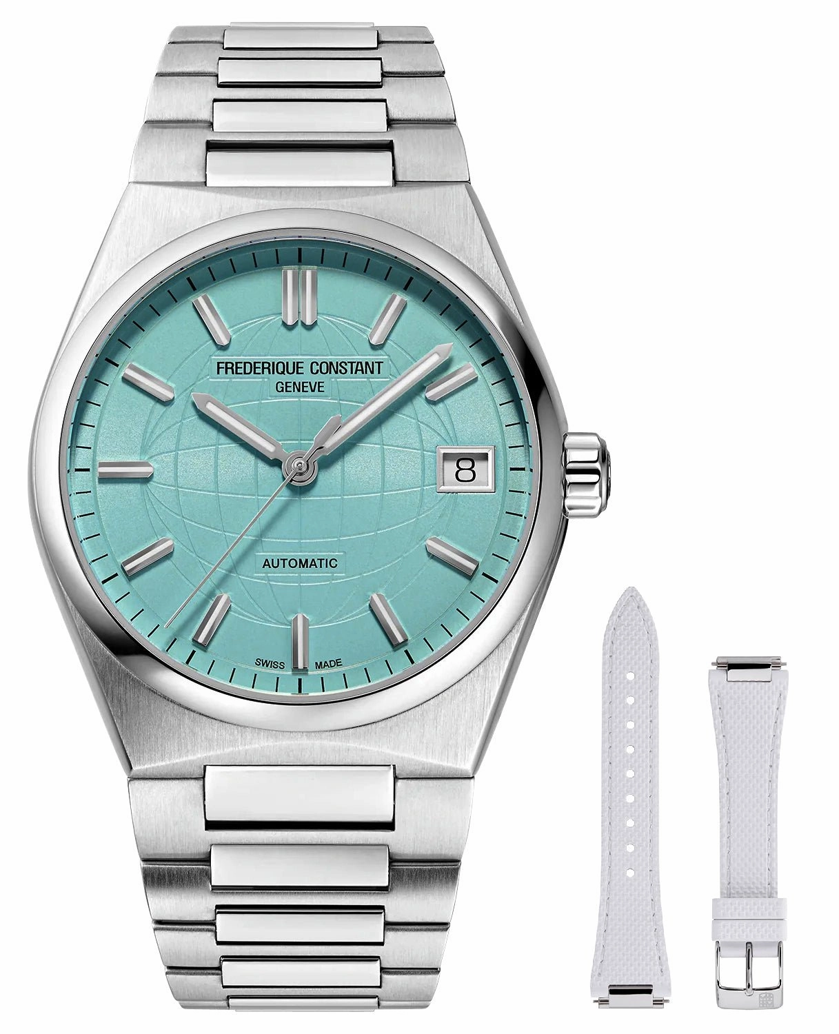 Frederique Constant Highlife Automatic Stainless Steel Blue Dial Interchangeable White Rubber Strap Date Womens Watch FC-303LB2NH6B Women??s luxury watches Affordable women watches