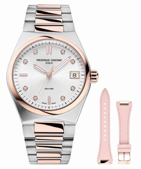 Frederique Constant Highlife Steel & Rose Gold Plated Silver Dial Diamonds Interchangeable Pink Rubber Strap Date Quartz Womens Watch FC-240VD2NH2B Women??s luxury watches Affordable women watches