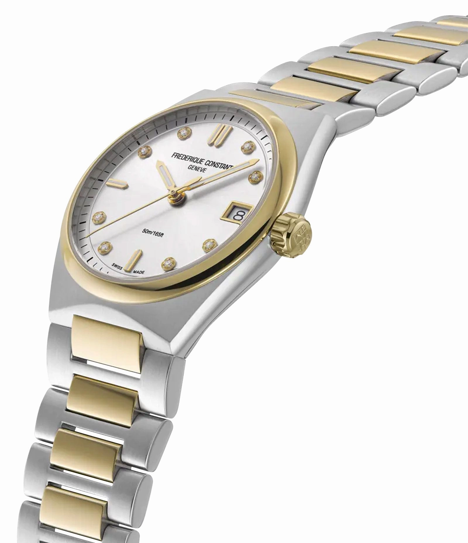 Frederique Constant Highlife Steel & Yellow Gold Plated Silver Dial Diamonds Interchangeable White Rubber Strap Date Quartz Womens Watch FC-240VD2NH3B