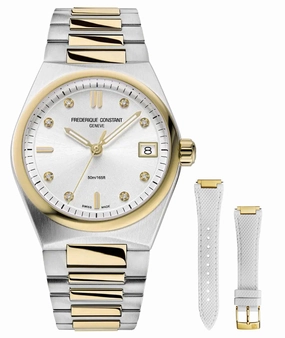 Frederique Constant Highlife Steel & Yellow Gold Plated Silver Dial Diamonds Interchangeable White Rubber Strap Date Quartz Womens Watch FC-240VD2NH3B Women??s luxury watches Affordable women watches