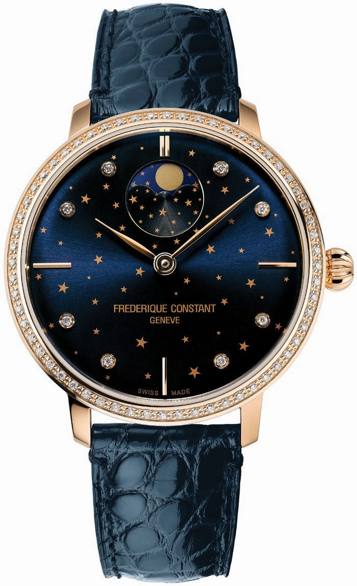 Frederique Constant Slimline Moonphase Stars Manufacture Automatic Rose Gold-Plated Blue Leather Strap Blue Dial Diamonds Womens Watch FC-701NSD3SD4 Women??s luxury watches Affordable women watches
