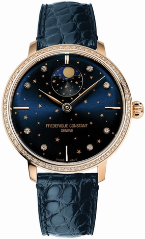 Frederique Constant Slimline Moonphase Stars Manufacture Automatic Rose Gold-Plated Blue Leather Strap Blue Dial Diamonds Womens Watch FC-701NSD3SD4 Women??s luxury watches Affordable women watches