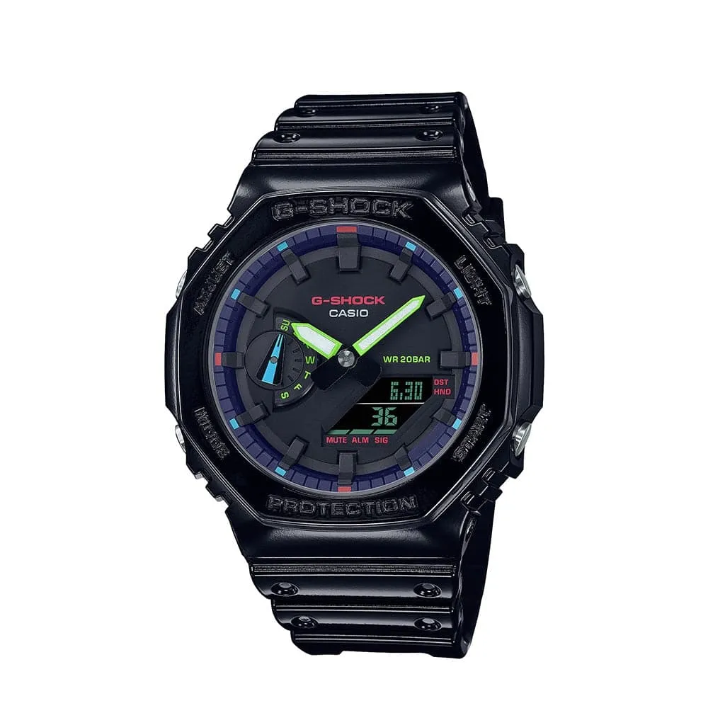 Casio G-Shock Black Glossy Resin Strap 200 Meter World Time Watch GA-2100RGB-1ADR 