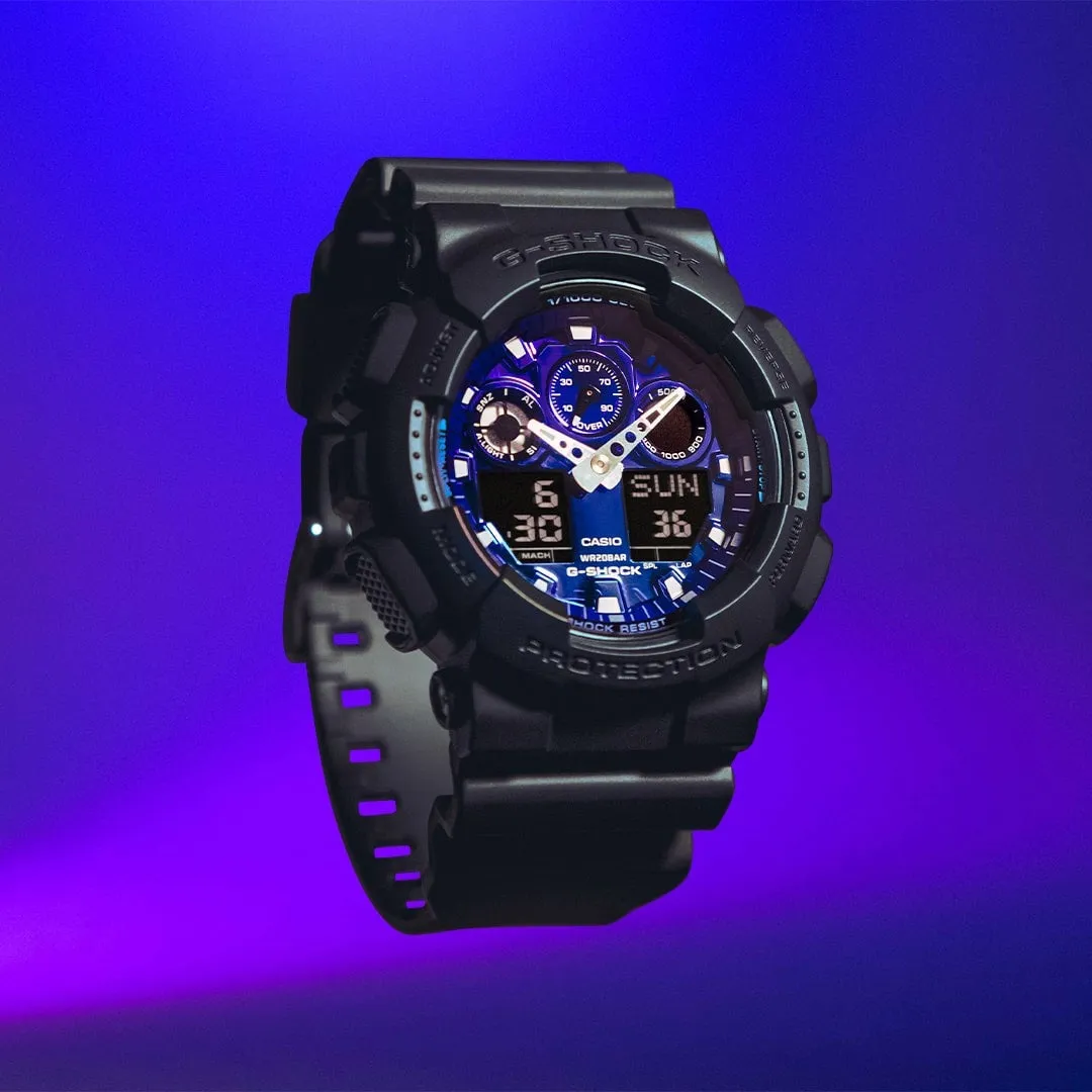   G-SHOCK GA-100FL-1ADR FIERY BLUE DIAL BLACK STRAP MEN WATCH