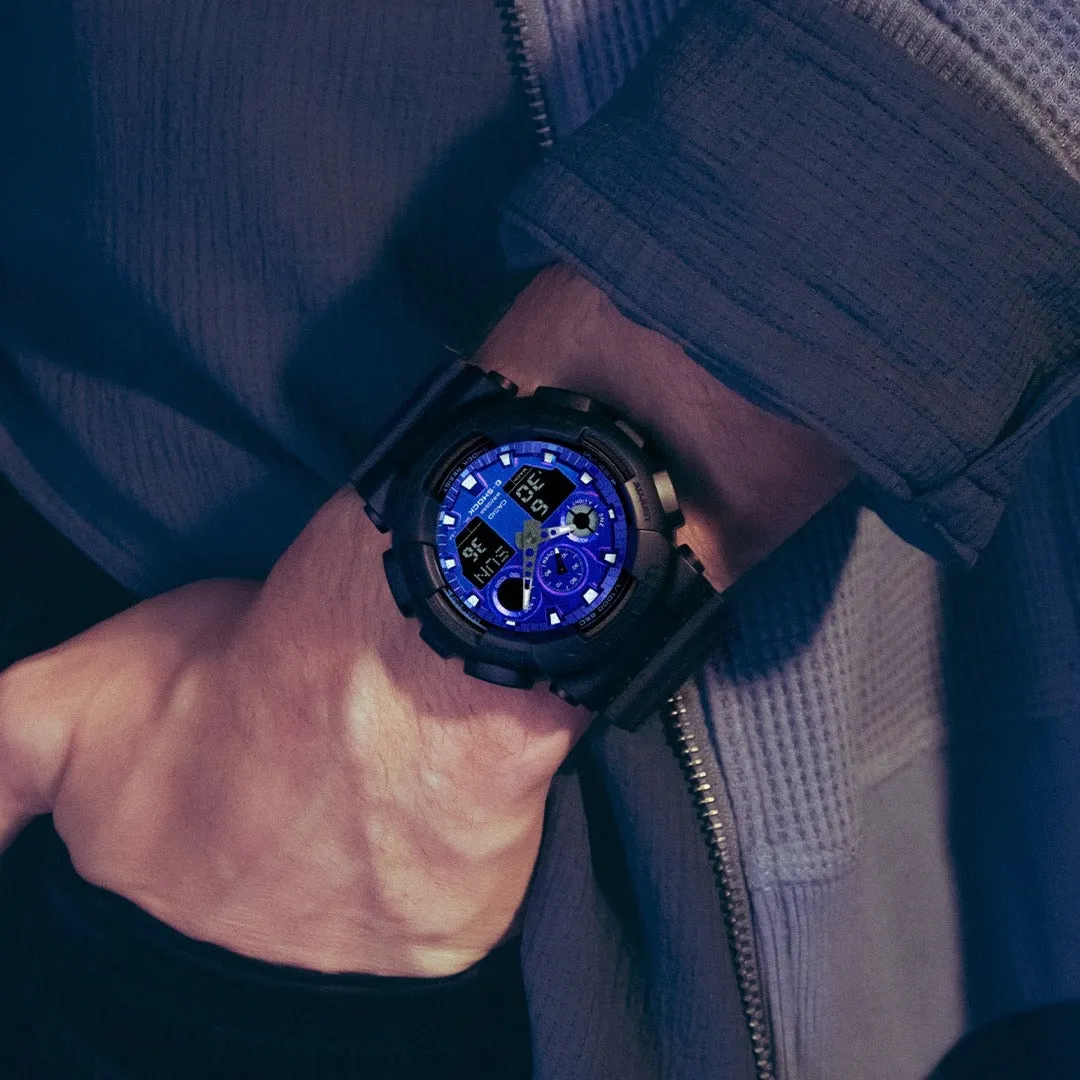   G-SHOCK GA-100FL-1ADR FIERY BLUE DIAL BLACK STRAP MEN WATCH