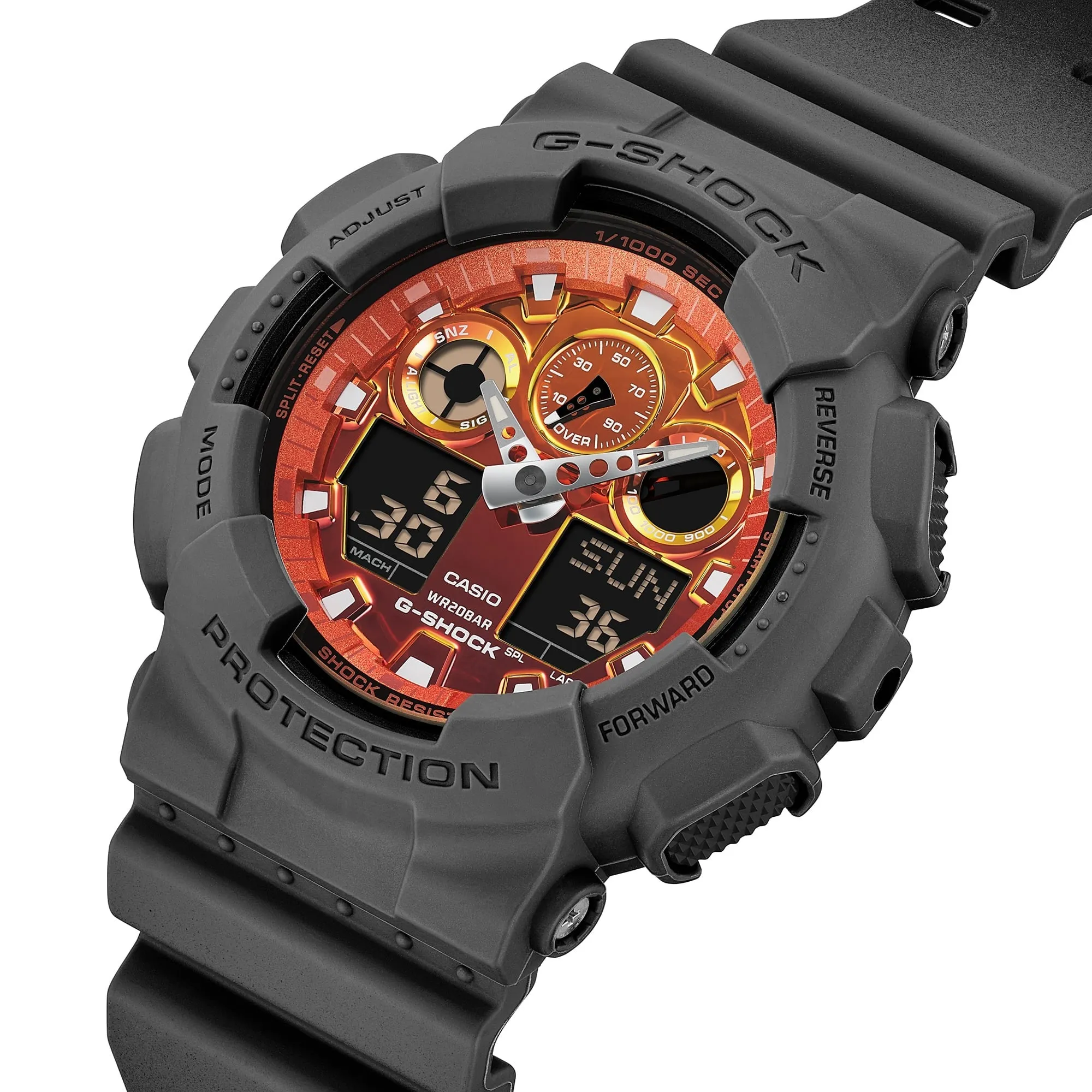   G-SHOCK  GA-100FL-8ADR FIERY ORANGE DIAL GRAY-ON-BLACK STRAP WATCH