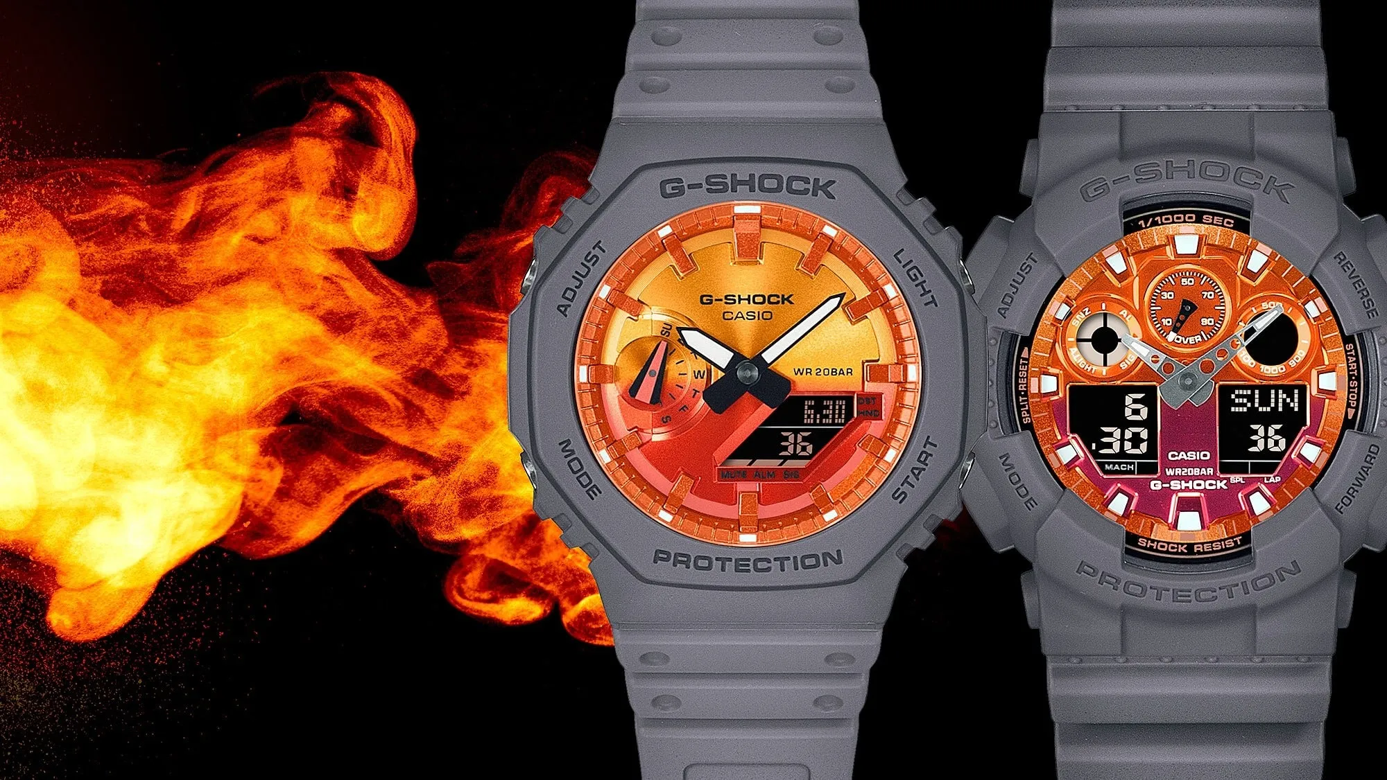   G-SHOCK  GA-100FL-8ADR FIERY ORANGE DIAL GRAY-ON-BLACK STRAP WATCH