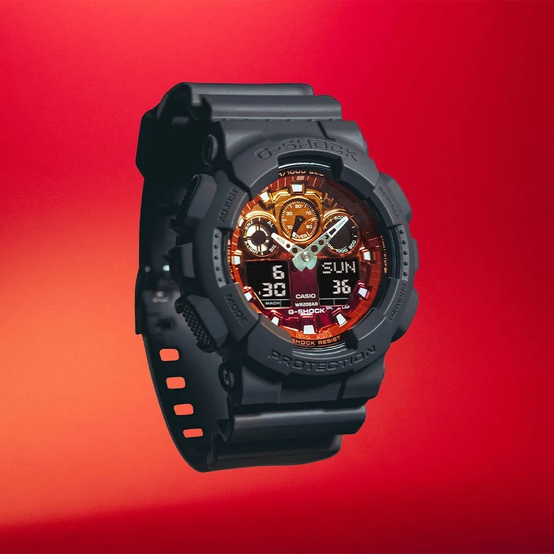   G-SHOCK  GA-100FL-8ADR FIERY ORANGE DIAL GRAY-ON-BLACK STRAP WATCH
