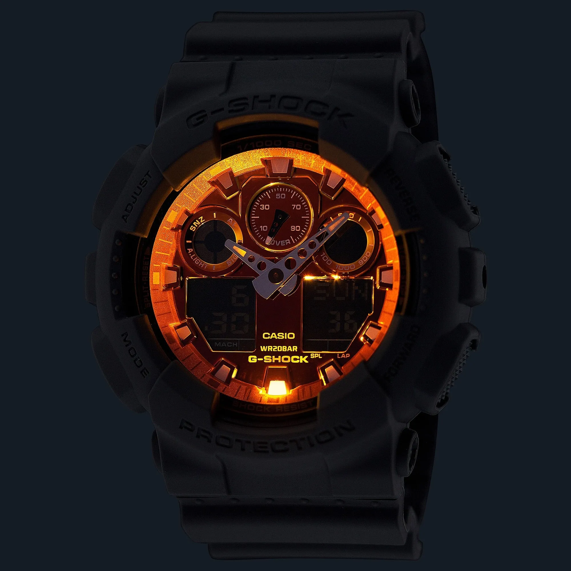   G-SHOCK  GA-100FL-8ADR FIERY ORANGE DIAL GRAY-ON-BLACK STRAP WATCH