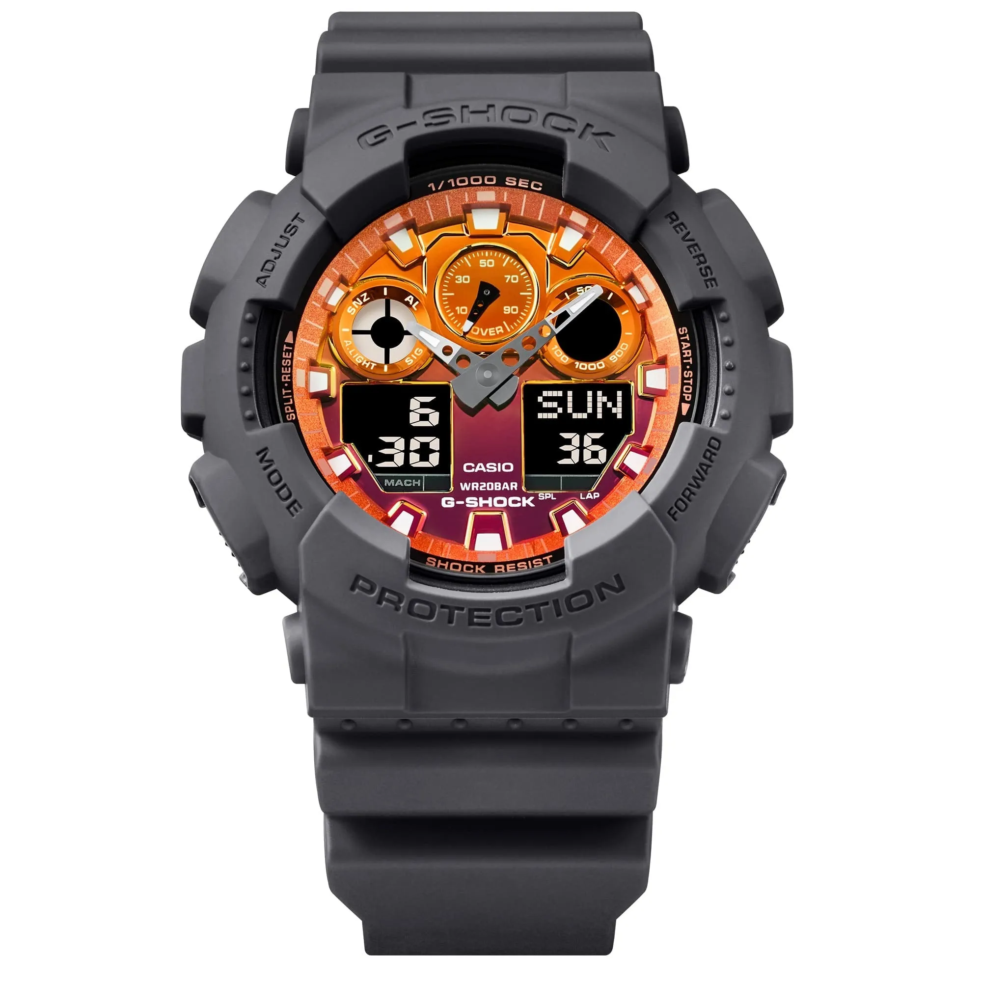   G-SHOCK  GA-100FL-8ADR FIERY ORANGE DIAL GRAY-ON-BLACK STRAP WATCH