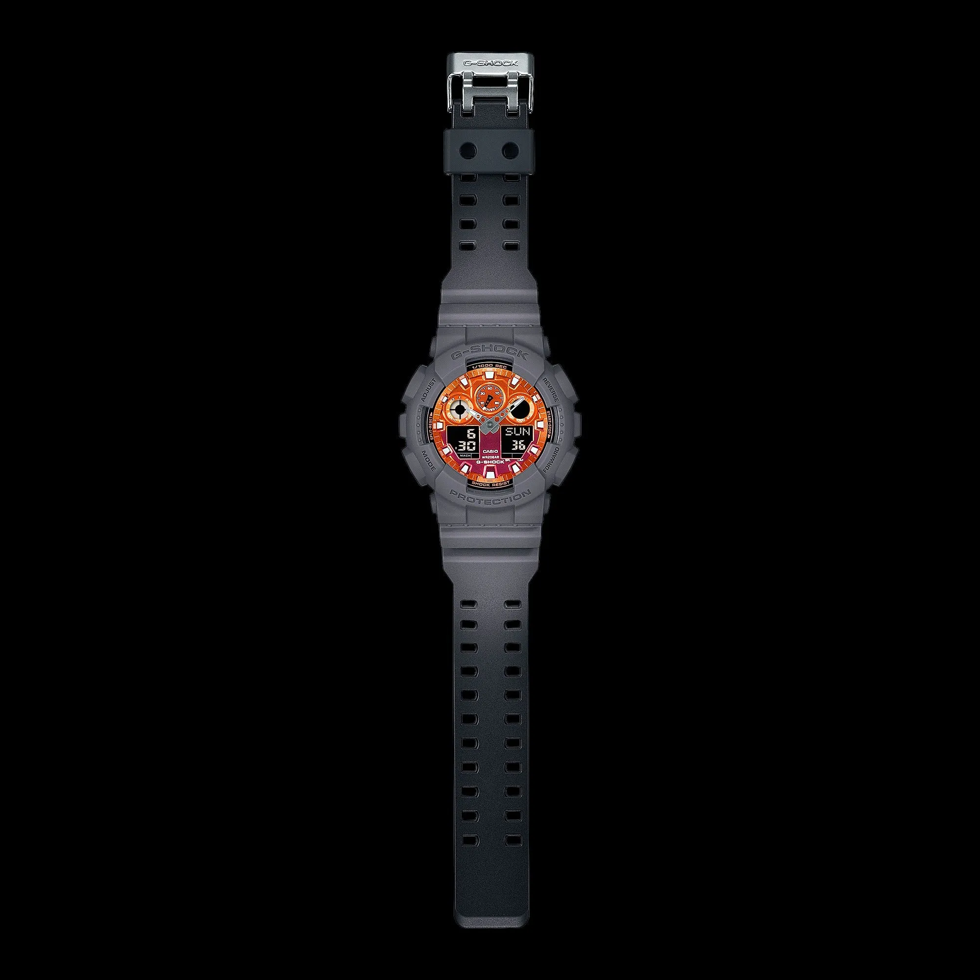   G-SHOCK  GA-100FL-8ADR FIERY ORANGE DIAL GRAY-ON-BLACK STRAP WATCH