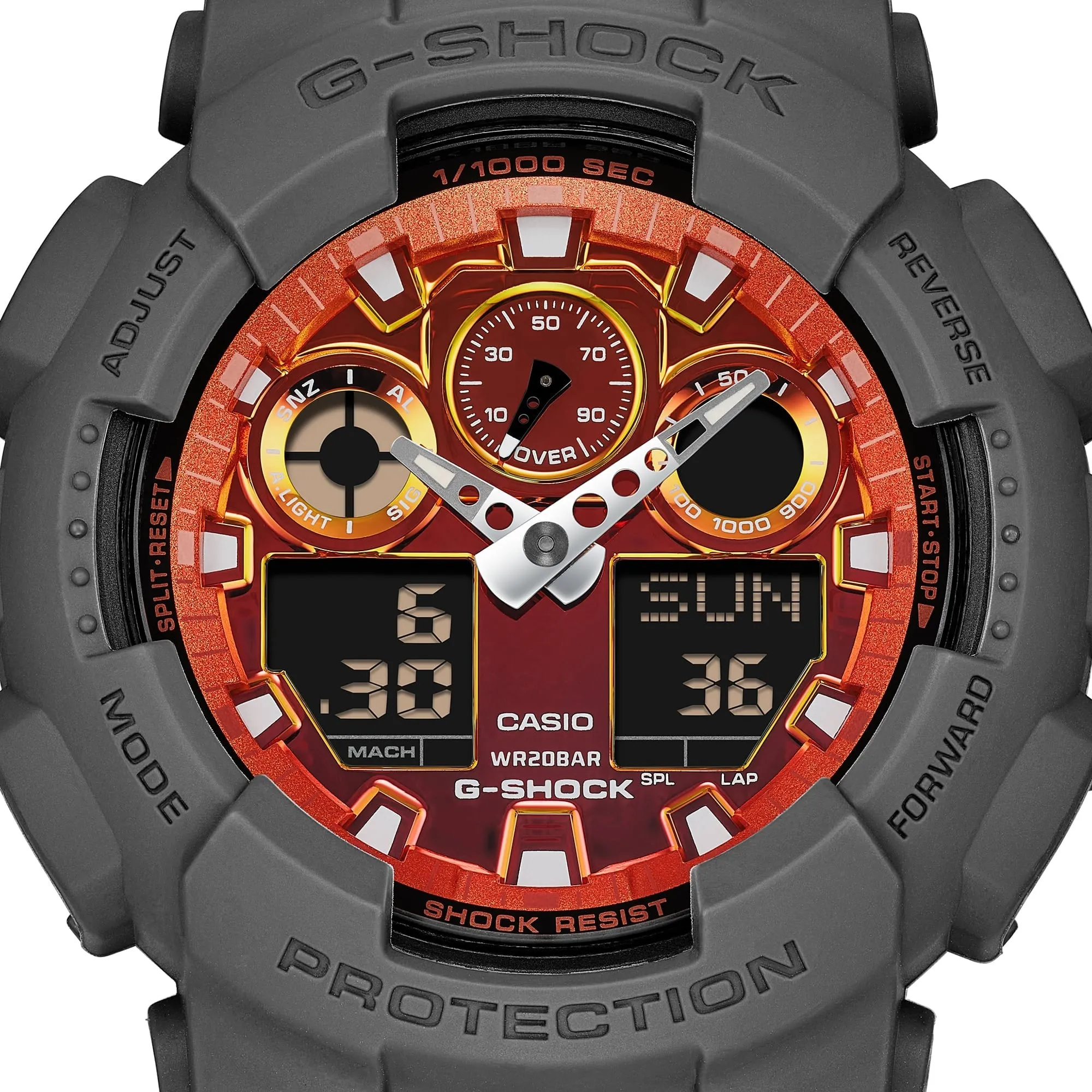  G-SHOCK  GA-100FL-8ADR FIERY ORANGE DIAL GRAY-ON-BLACK STRAP WATCH