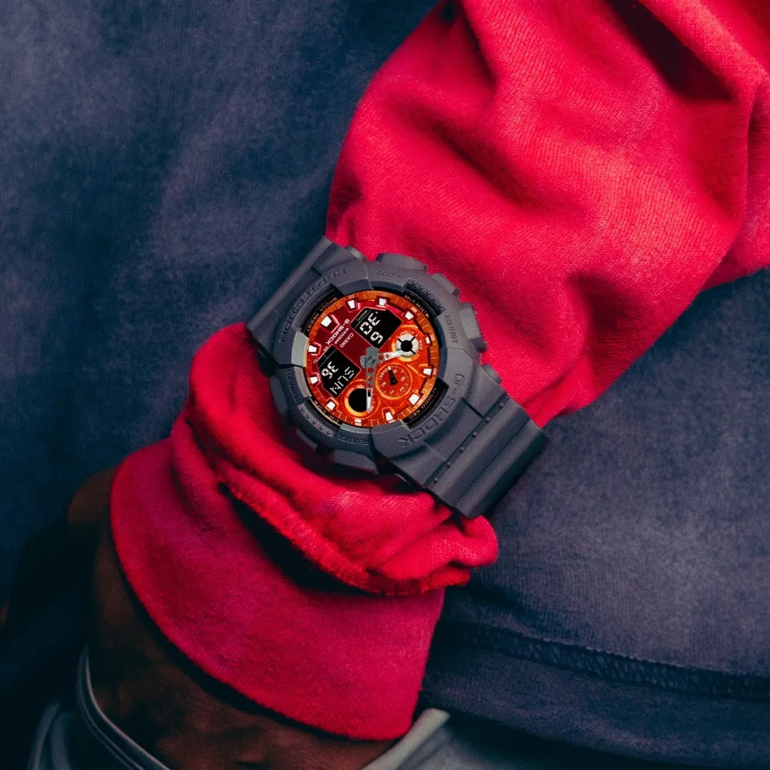   G-SHOCK  GA-100FL-8ADR FIERY ORANGE DIAL GRAY-ON-BLACK STRAP WATCH