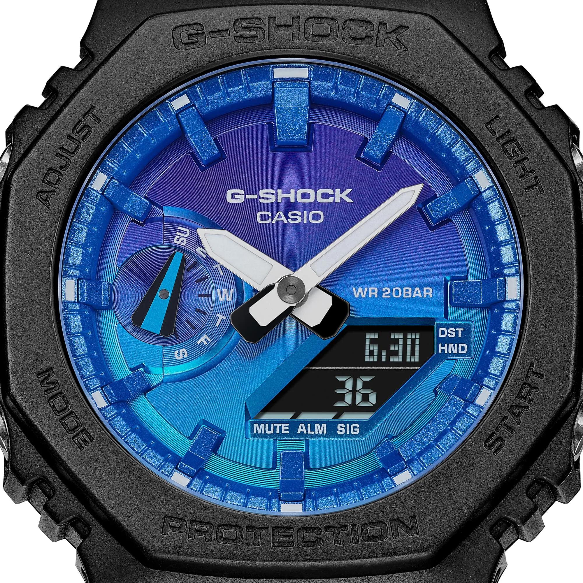   G-SHOCK GLOWY BLUE DIAL GRAY-ON-BLACK STRAP WATCH GA-2100FL-1ADR