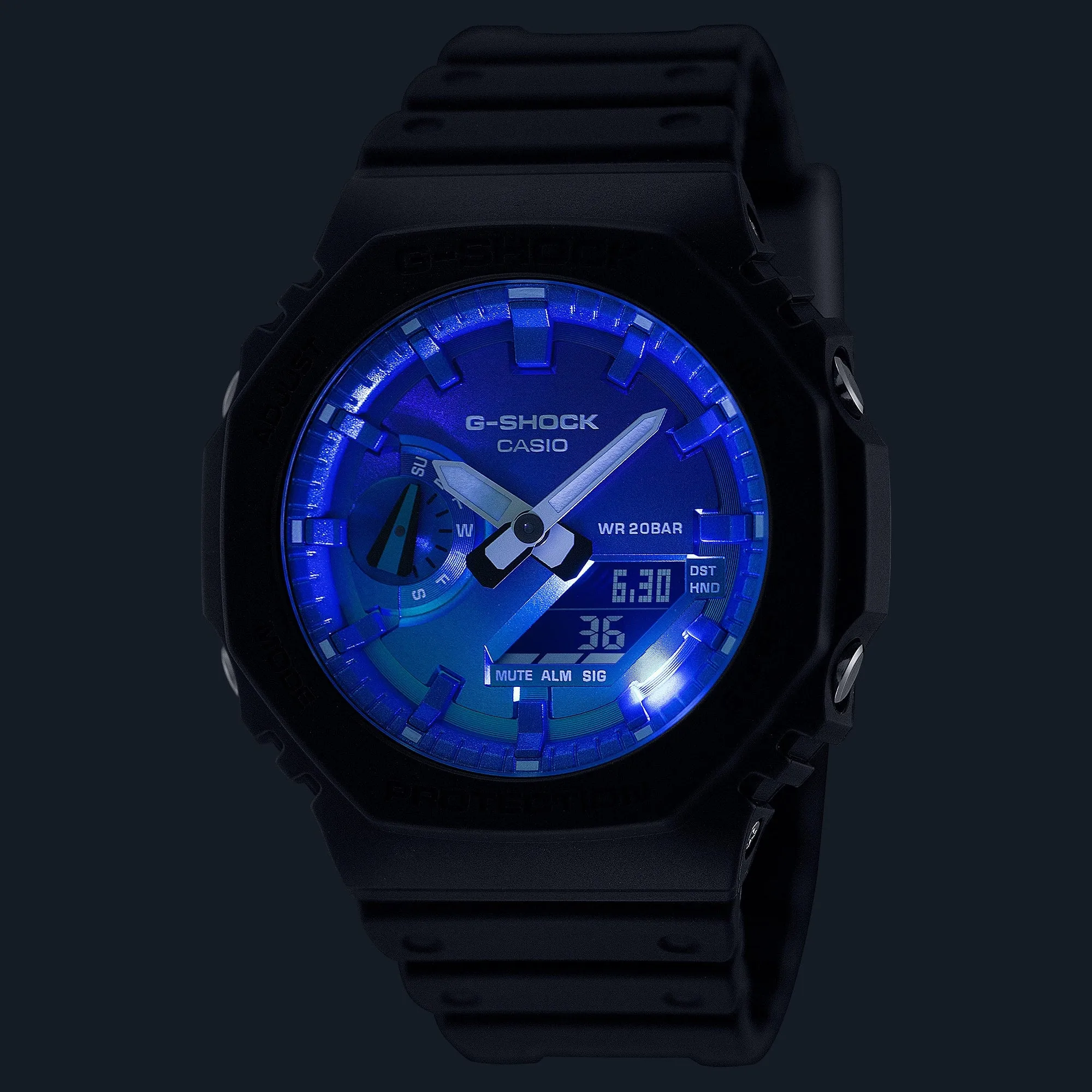   G-SHOCK GLOWY BLUE DIAL GRAY-ON-BLACK STRAP WATCH GA-2100FL-1ADR