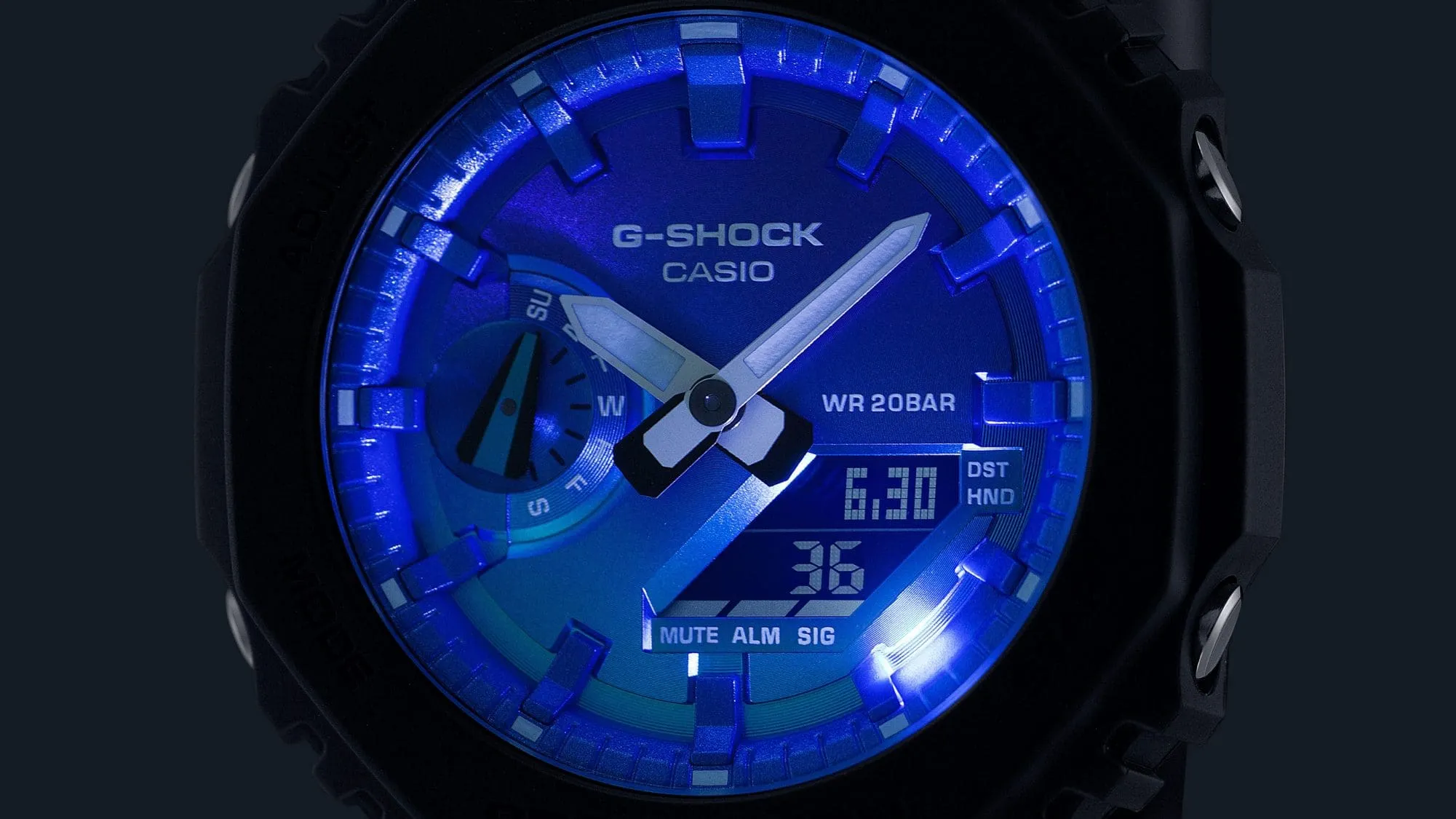   G-SHOCK GLOWY BLUE DIAL GRAY-ON-BLACK STRAP WATCH GA-2100FL-1ADR