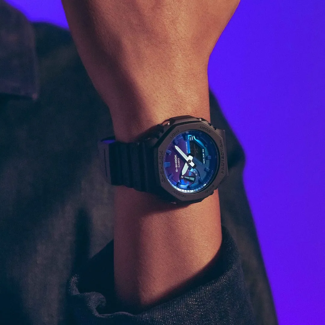   G-SHOCK GLOWY BLUE DIAL GRAY-ON-BLACK STRAP WATCH GA-2100FL-1ADR