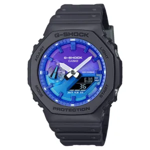 CASIO G-SHOCK GLOWY BLUE DIAL GRAY-ON-BLACK STRAP WATCH GA-2100FL-1ADR 