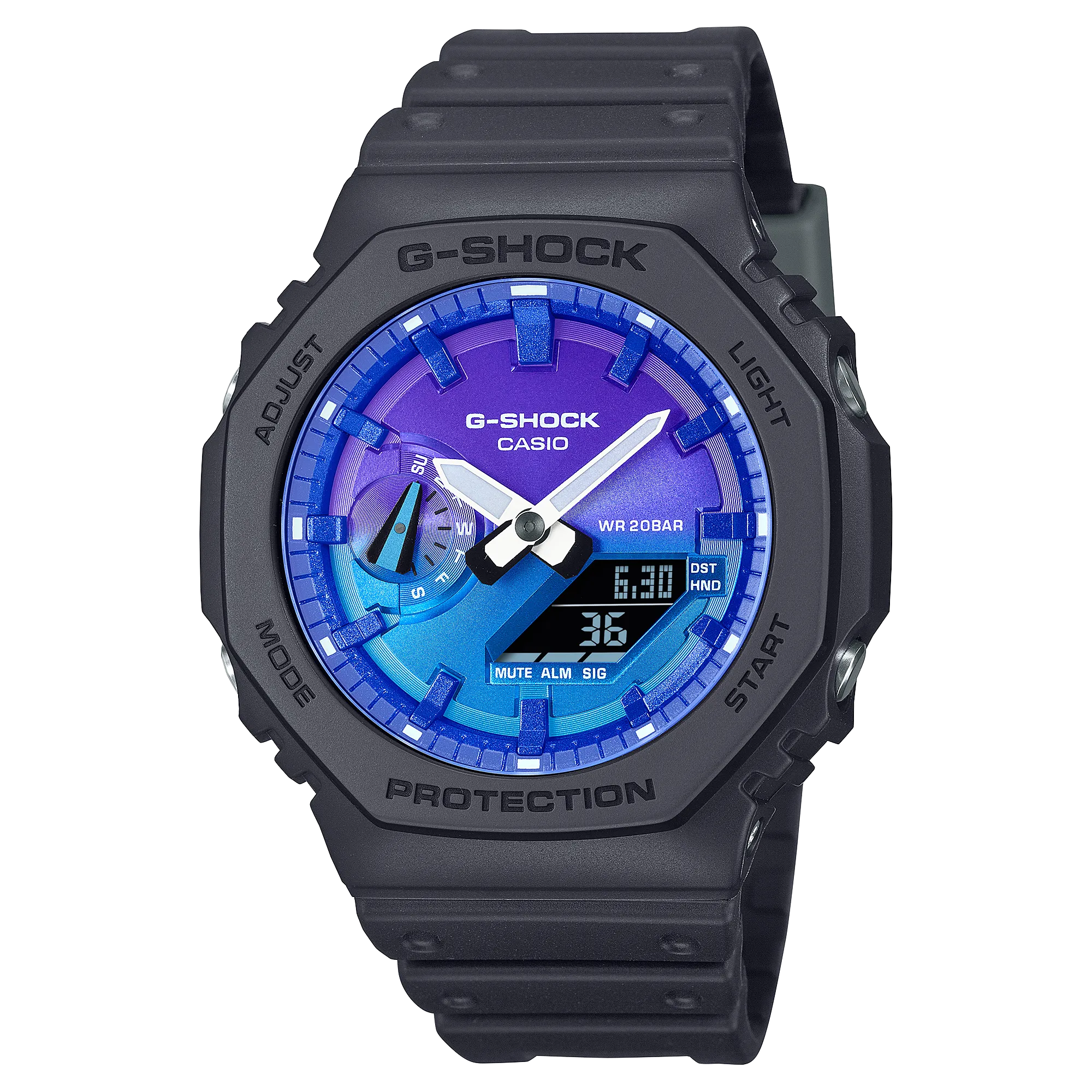   G-SHOCK GLOWY BLUE DIAL GRAY-ON-BLACK STRAP WATCH GA-2100FL-1ADR