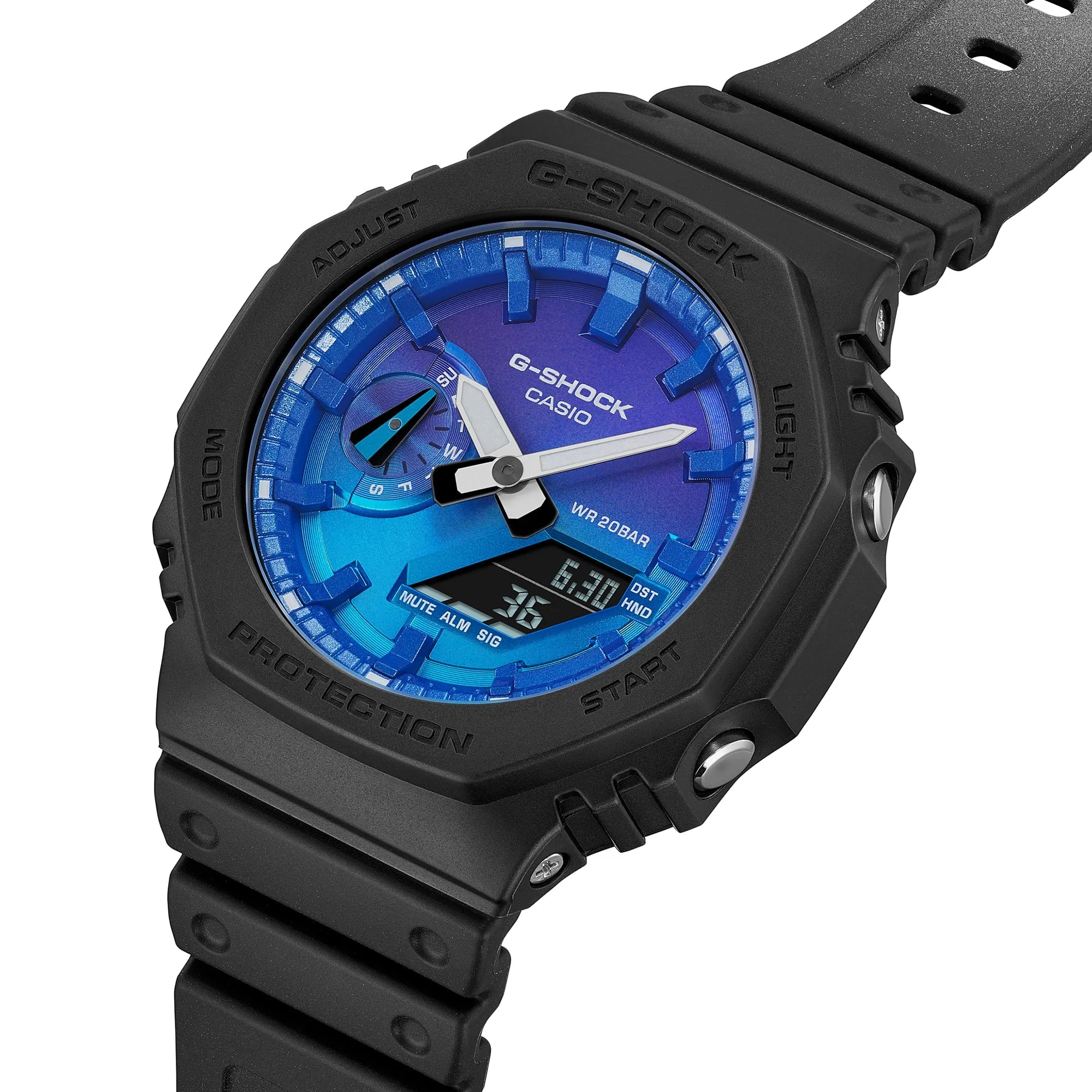  G-SHOCK GLOWY BLUE DIAL GRAY-ON-BLACK STRAP WATCH GA-2100FL-1ADR