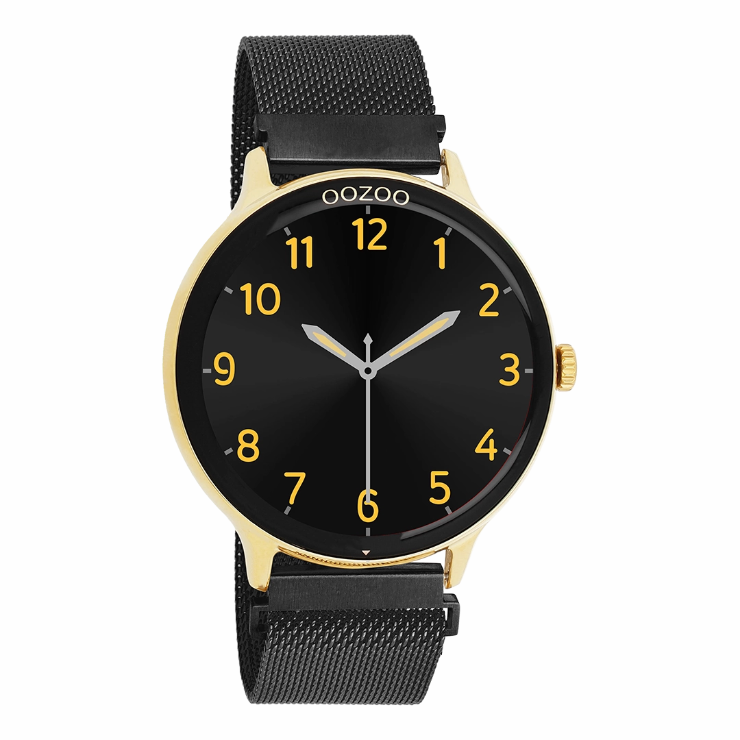 Gold coloured OOZOO smartwatch with black metal mesh bracelet - Q00137,seiko watches,mens watches,couple watches,watches designer,watches discount,best watches for men