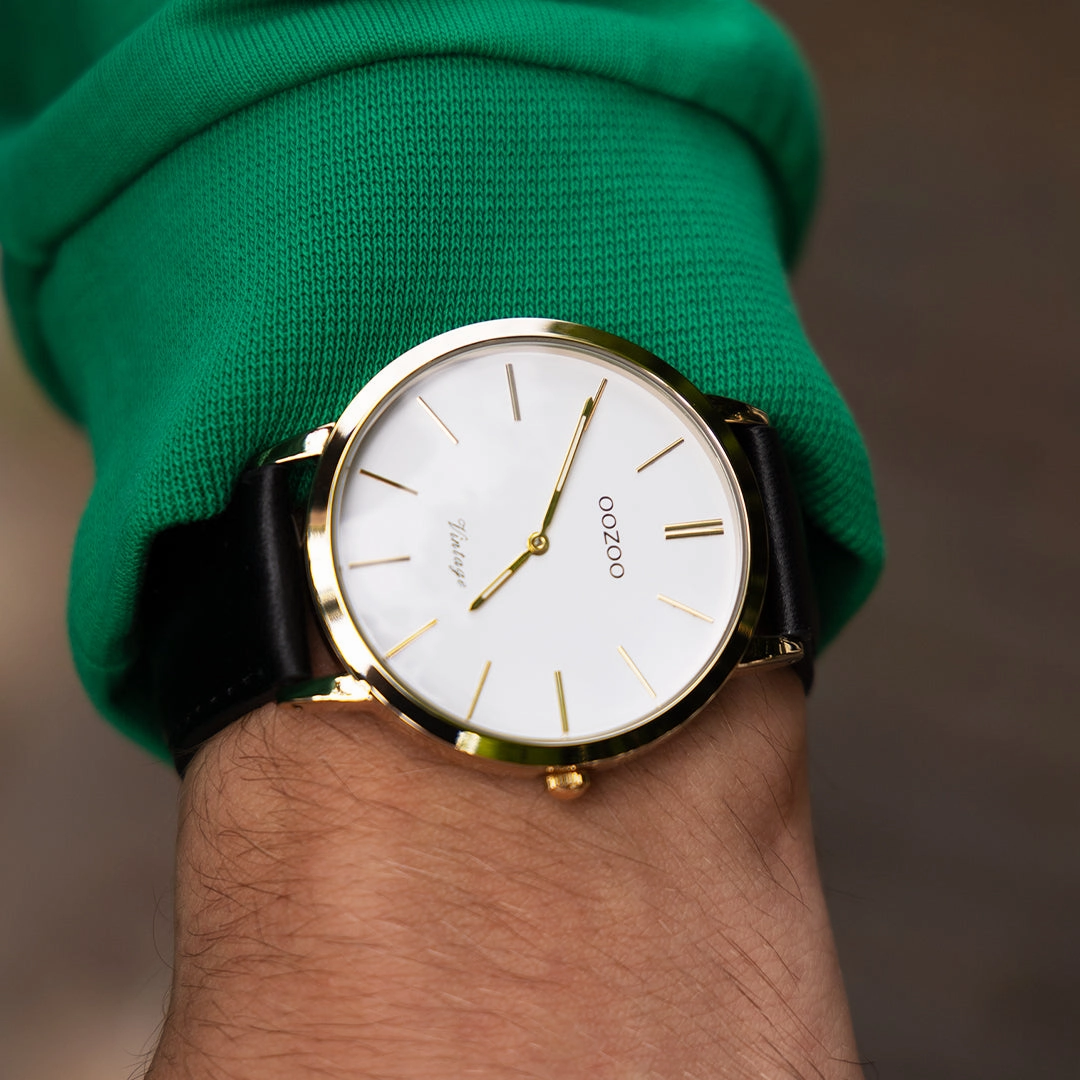 Gold coloured OOZOO watch with black leather strap - C20386