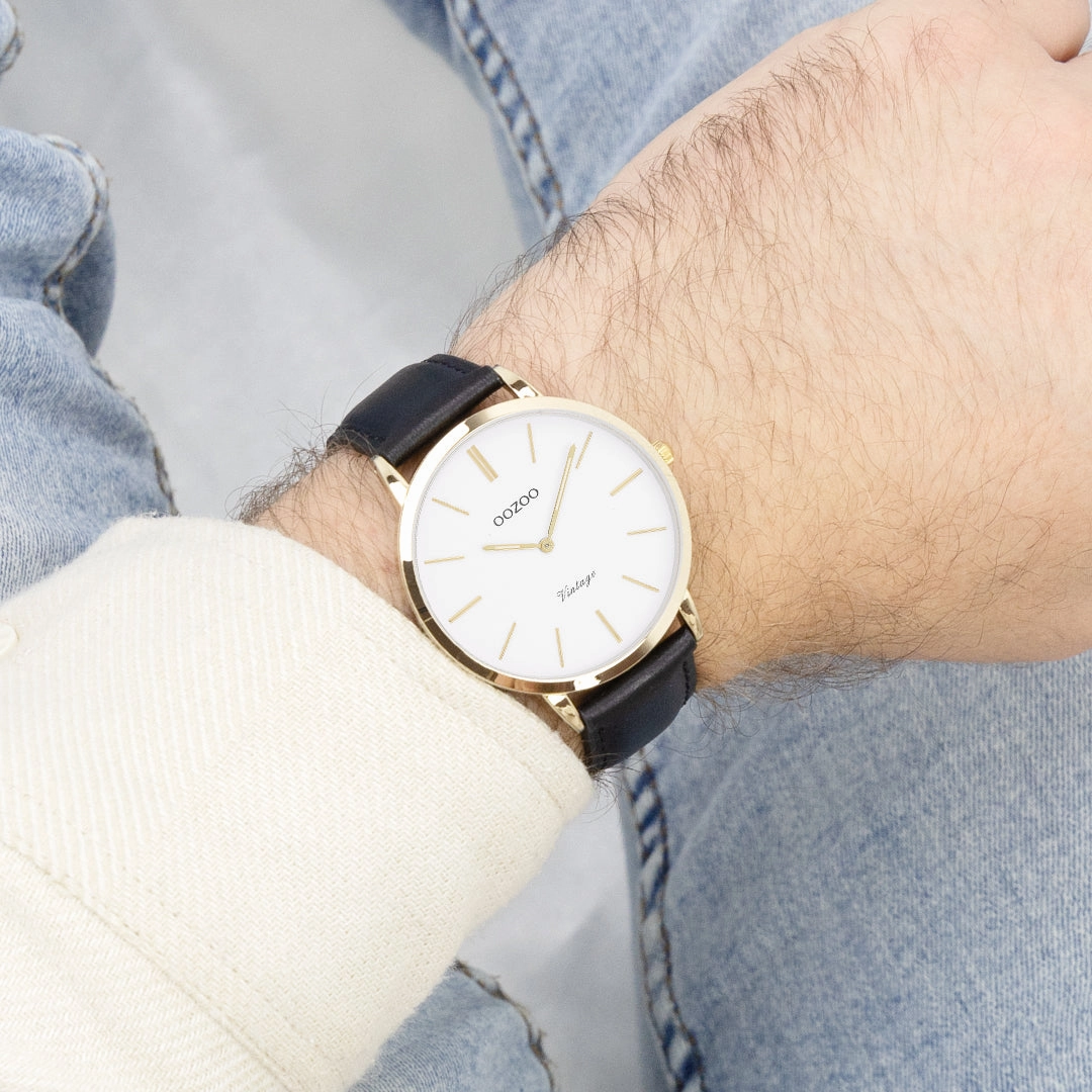 Gold coloured OOZOO watch with black leather strap - C20386