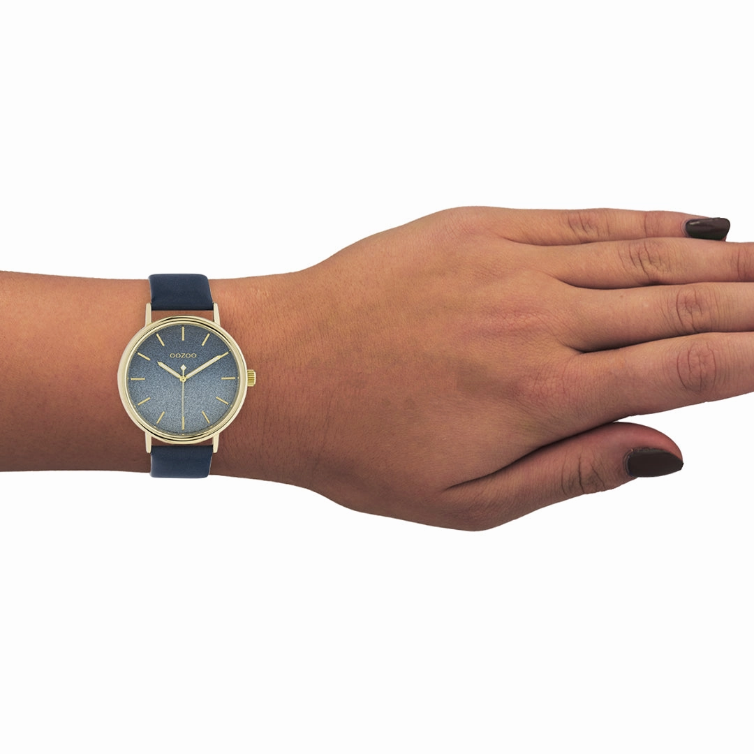 Gold coloured OOZOO watch with blue leather strap - C10938