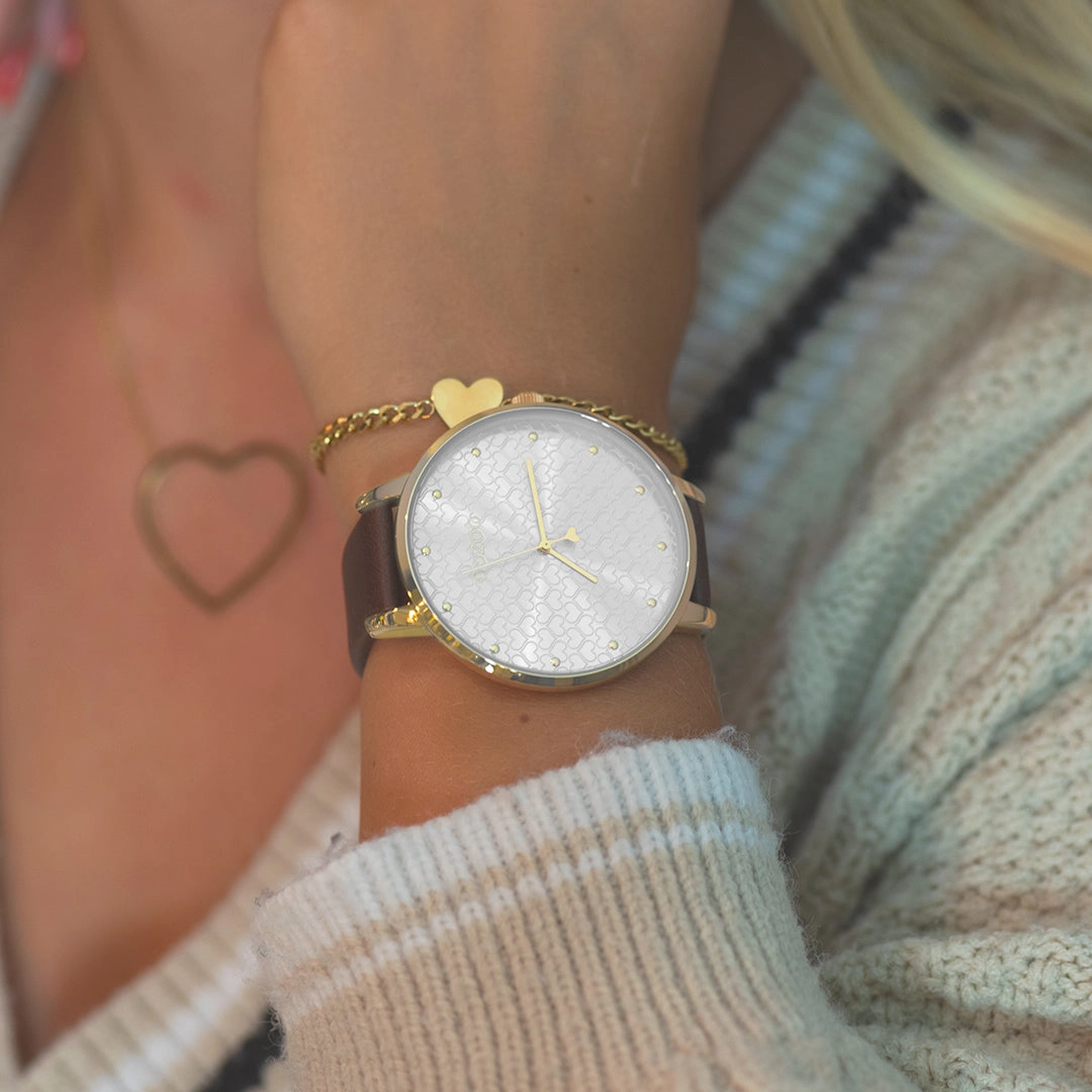 Gold coloured OOZOO watch with brown leather strap - C11038