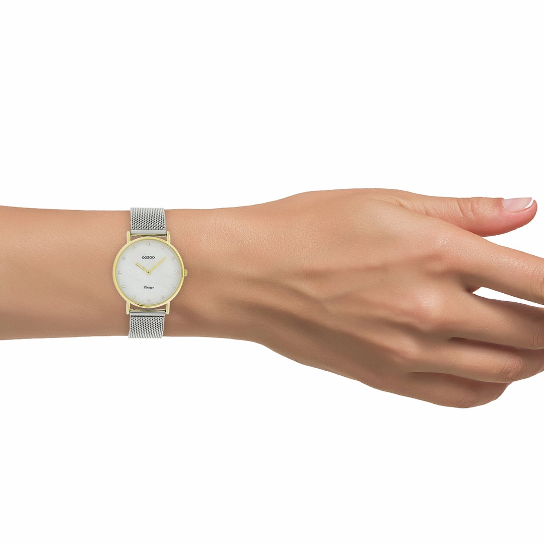 Gold coloured OOZOO watch with silver coloured metal mesh bracelet - C20120