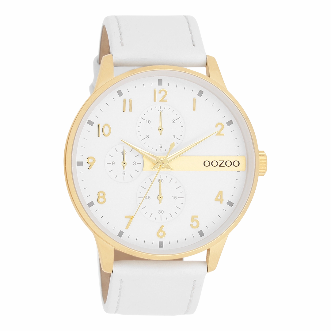 Gold coloured OOZOO watch with white leather strap - C11305,seiko watches,mens watches,couple watches,watches designer,watches discount,best watches for men