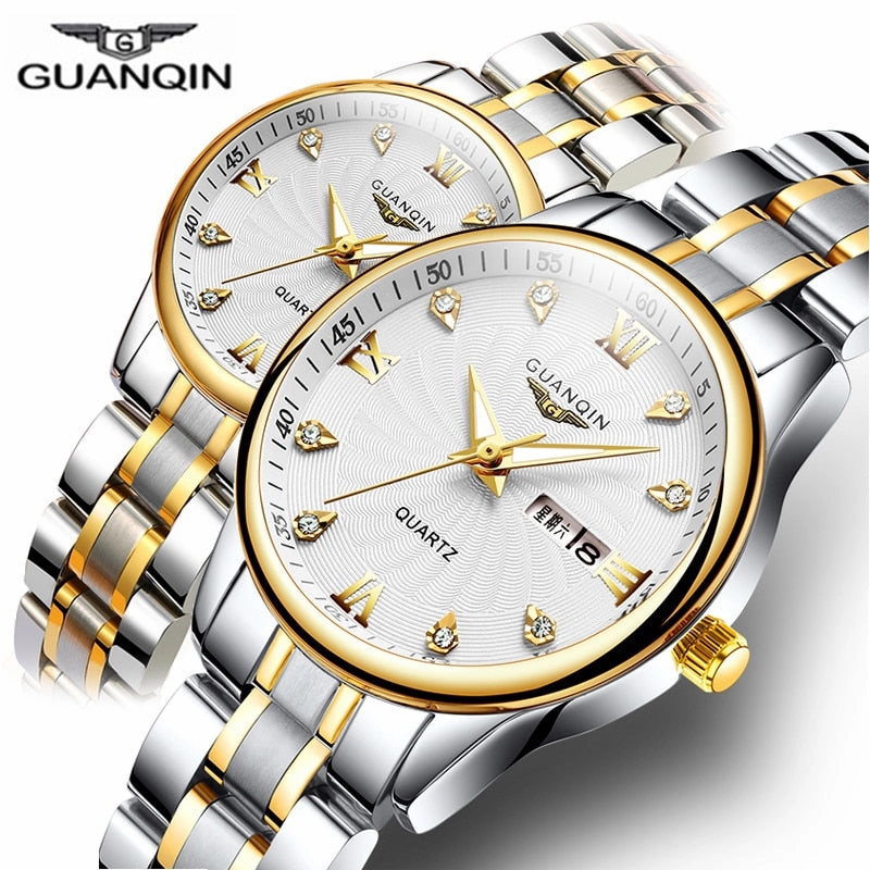 GUANQIN Couple Watch Set Men Women lovers Watch Stainless Steel Date Luxury Gold Quartz Watch Women Clock Ladies Wrist Watch,seiko watches,mens watches,couple watches,watches designer,watches discount,watches for women,cople watchescouple watches luxury,co