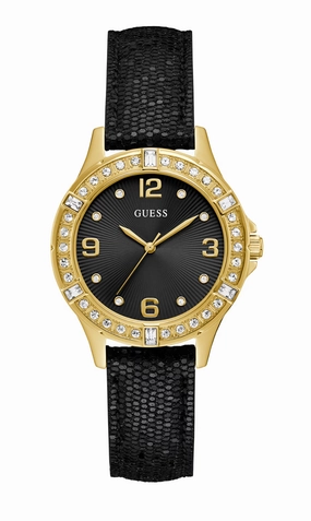 Guess Black Dial and Leather Strap Gold Case Watch U1353L1M 
