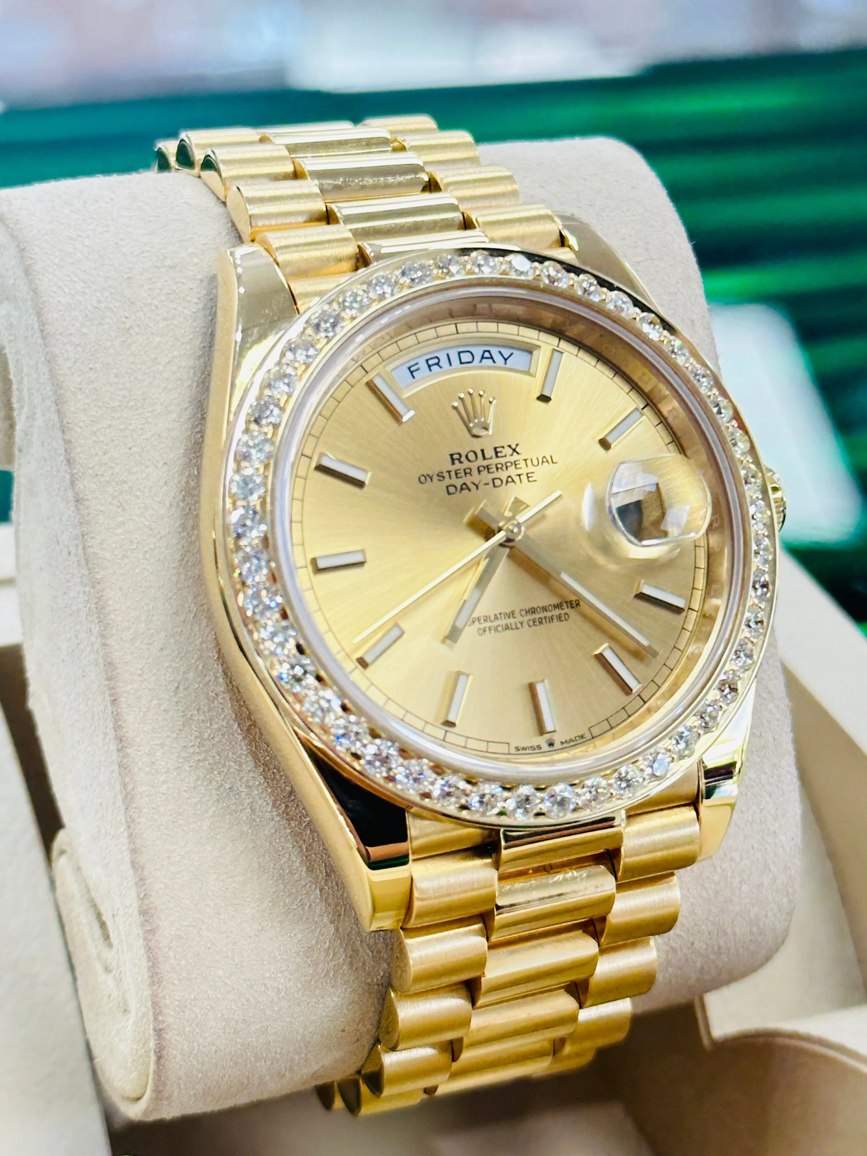 Have one to sell? Sell now   x Day-Date President 18k Yellow Gold 228238 Custom 3.50ct Diamond Bezel BOX/PAPERS MINT
