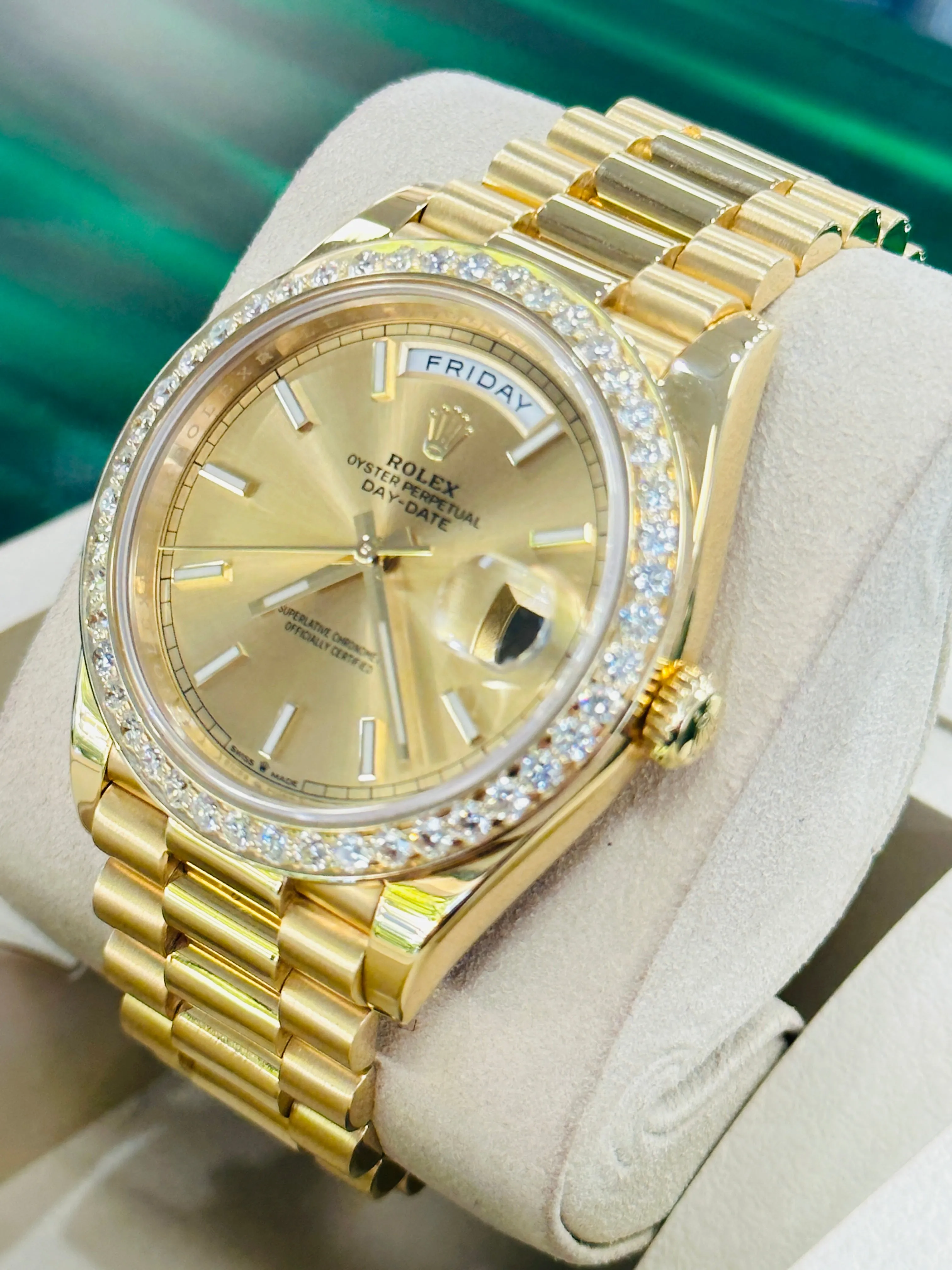 Have one to sell? Sell now   x Day-Date President 18k Yellow Gold 228238 Custom 3.50ct Diamond Bezel BOX/PAPERS MINT