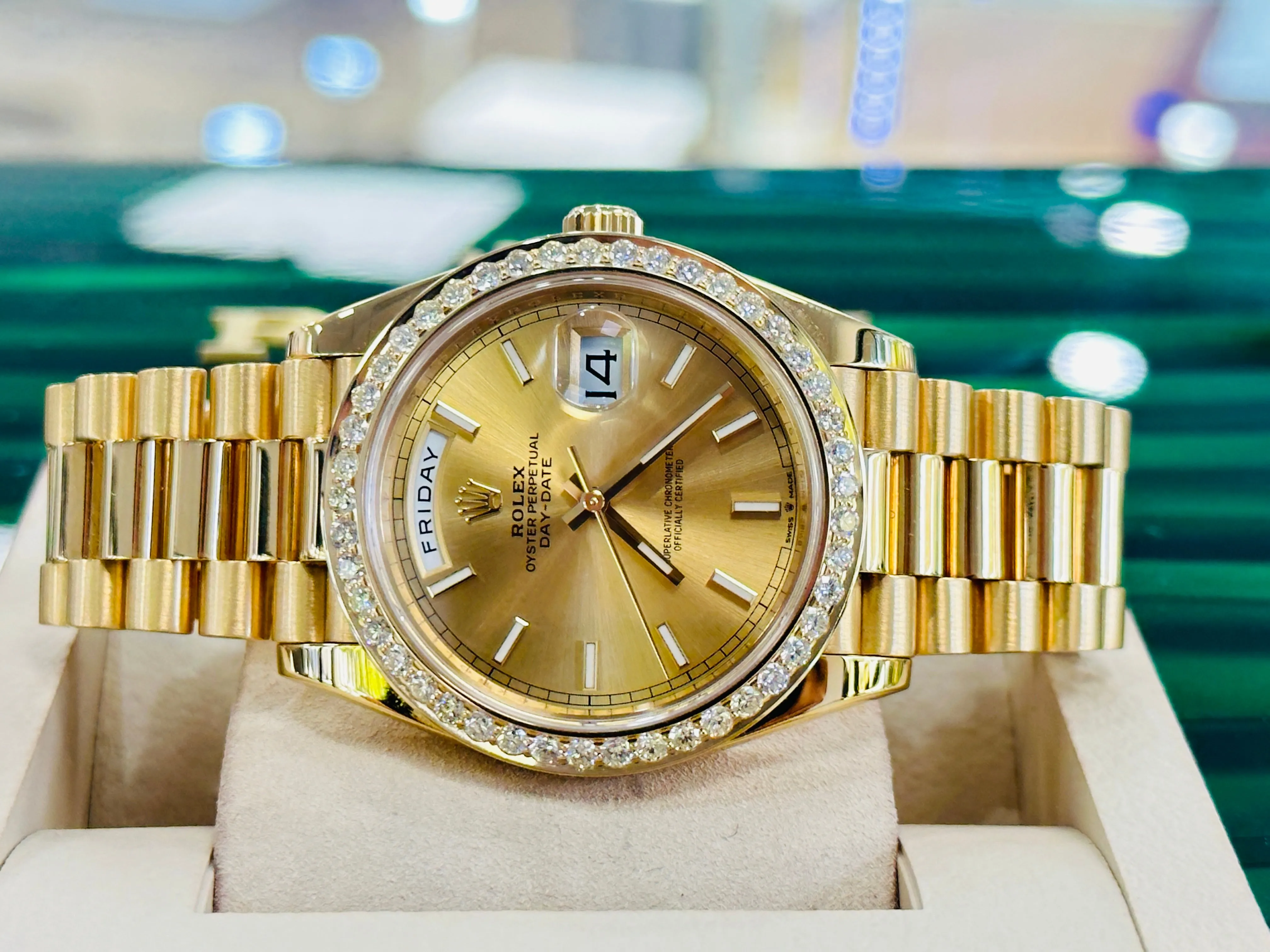 Have one to sell? Sell now   x Day-Date President 18k Yellow Gold 228238 Custom 3.50ct Diamond Bezel BOX/PAPERS MINT