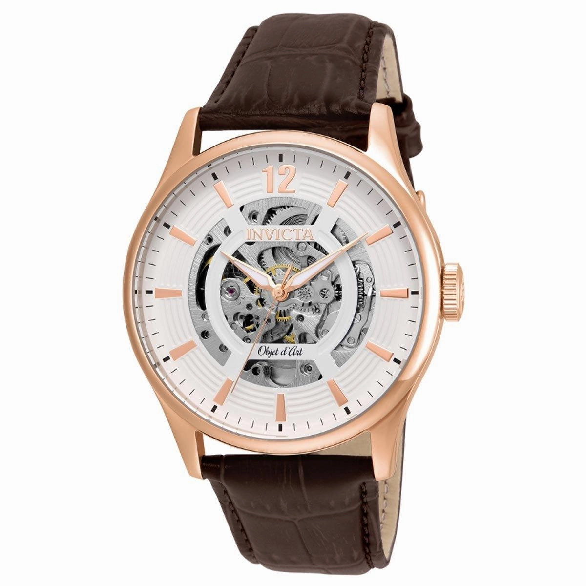 Invicta 22596 Men's Objet D Art White & Silver Skeleton Dial Brown Leather Strap Automatic Watch