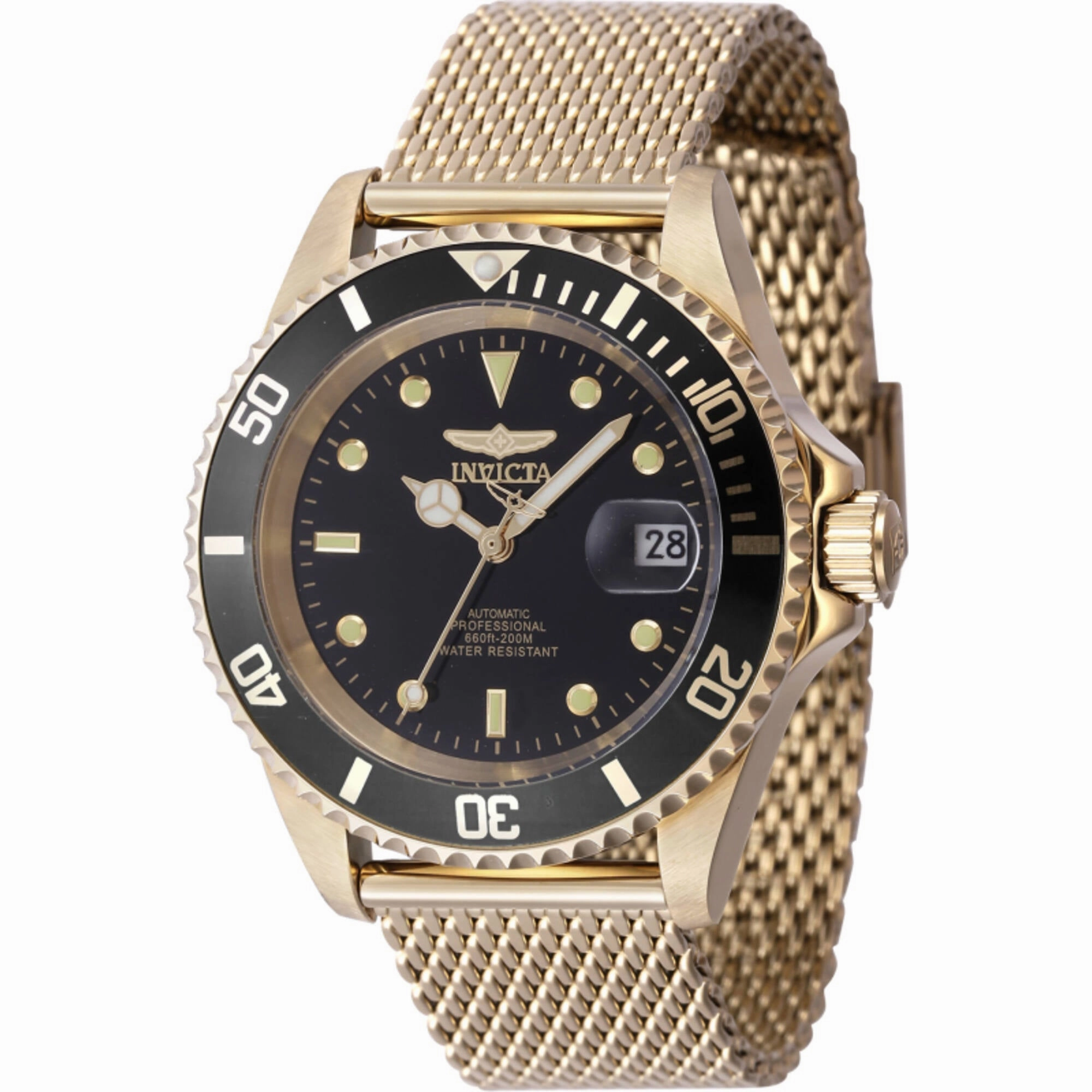 Invicta Men's Watch - Pro Diver Automatic Black Dial Yellow Gold Bracelet | 47722 