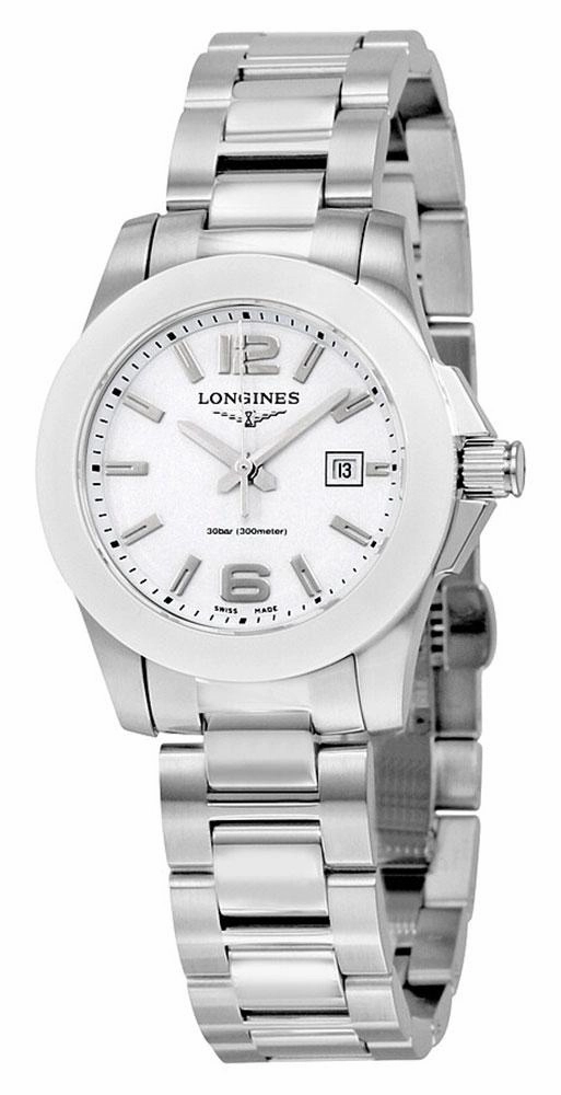 Longines Conquest Stainless Steel & Ceramic White Dial Date Quartz Divers Womens Watch L3.257.4.16.6 Women??s luxury watches Affordable women watches