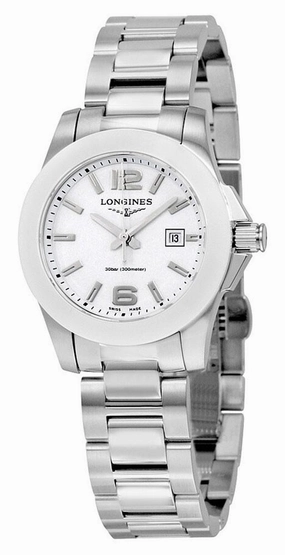 Longines Conquest Stainless Steel & Ceramic White Dial Date Quartz Divers Womens Watch L3.257.4.16.6 Women??s luxury watches Affordable women watches