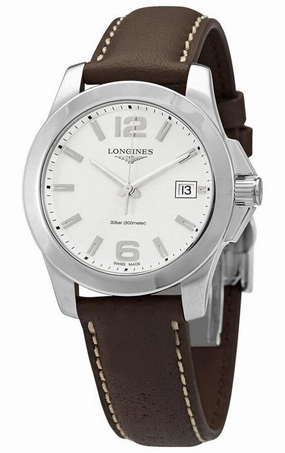 Longines Conquest Stainless Steel Brown Leather Strap Silver-Tone Dial Date Quartz Womens Watch L3.377.4.76.5 Women??s luxury watches Affordable women watches