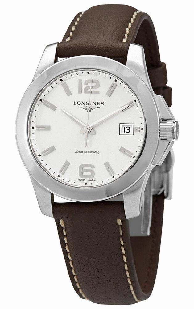 Longines Conquest Stainless Steel Brown Leather Strap Silver-Tone Dial Date Quartz Womens Watch L3.377.4.76.5 Women??s luxury watches Affordable women watches