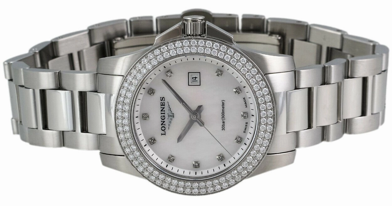 Longines Conquest Steel & Diamond Womens Watch Calendar MOP Dial L3.258.0.87.6