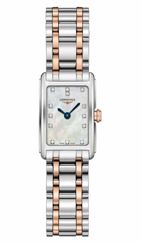 Longines DolceVita Stainless Steel & Rose Gold Mother-Of-Pearl Dial Diamonds Rectangle Quartz Womens Watch L5.258.5.87.7 Women??s luxury watches Affordable women watches