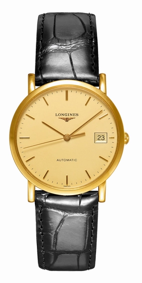 Longines Elegant Automatic 18K Yellow Gold Champagne Dial Black Leather Strap Date Womens Watch L4.778.6.32.0 Women??s luxury watches Affordable women watches